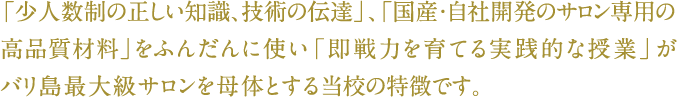 「少人数制の正しい知識、技術の伝達」、「国産・自社開発のサロン専用の
高品質材料」をふんだんに使い「即戦力を育てる実践的な授業」がバリ島最大級サロンを母体とする当校の特徴です。